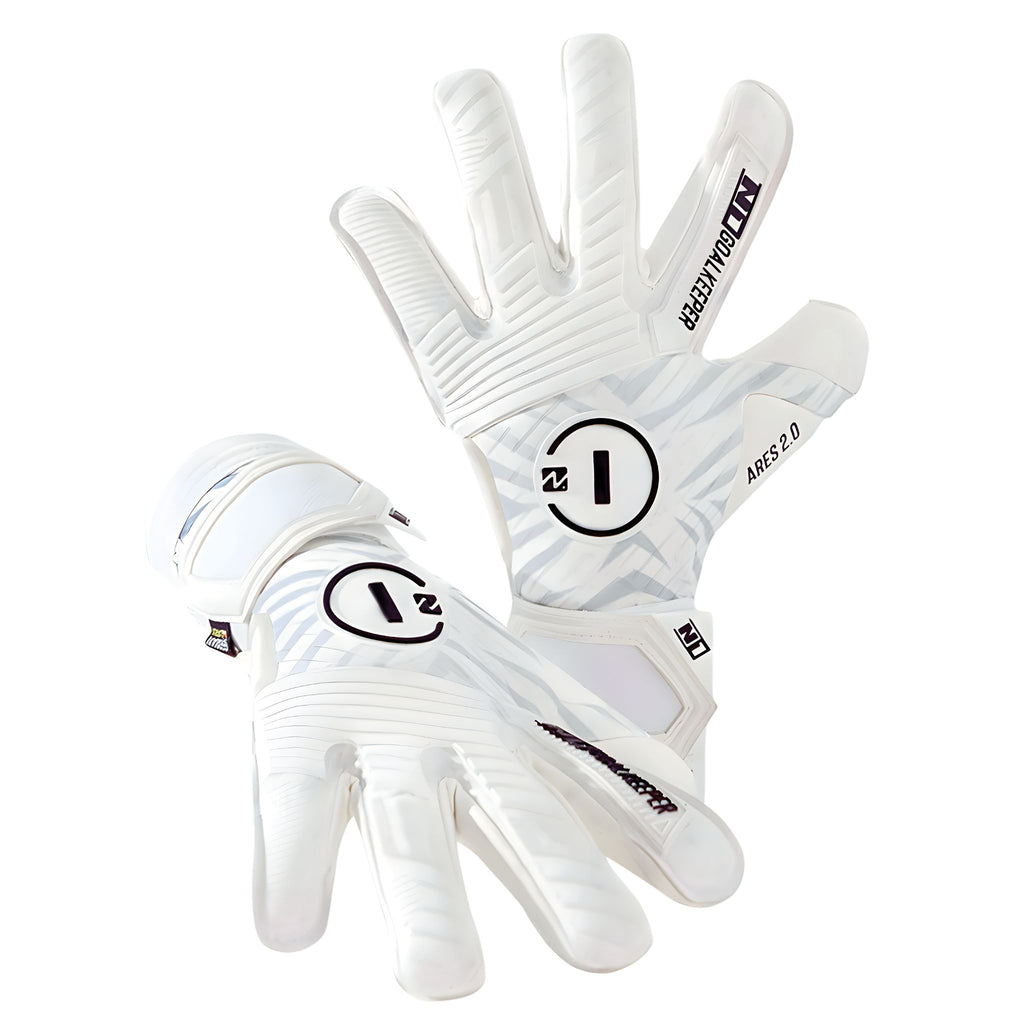 N1 Ares 2.0 All White professional goalkeeper gloves shown in a dual layout with one glove lying horizontally and the second displaying the detailed white backhand.