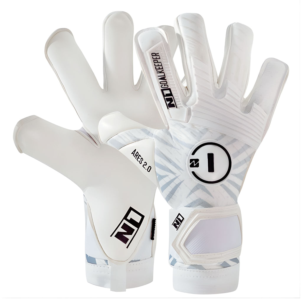 Dual view of N1 Ares 2.0 All White goalkeeper gloves showing the professional Breathprene backhand and the 4mm UGT+ II German Pro Latex palm.