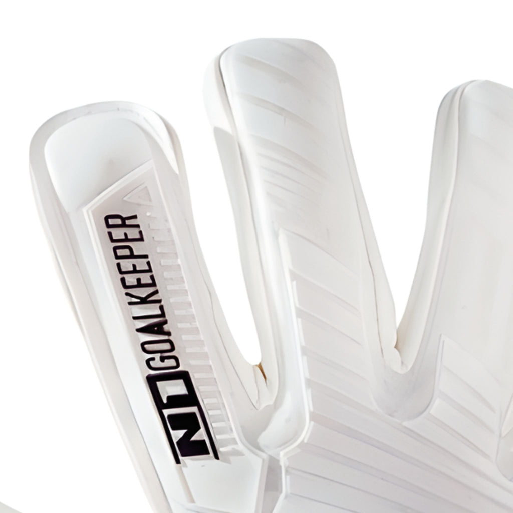 Close-up of N1 Ares 2.0 All White finger detailing the Roll Negative Cut and professional stitching.