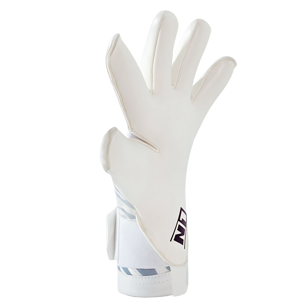 Side view of N1 Ares 2.0 All White goalkeeper glove showcasing the 4mm UGT+ II German Pro Latex palm and ergonomic thumb wrap.