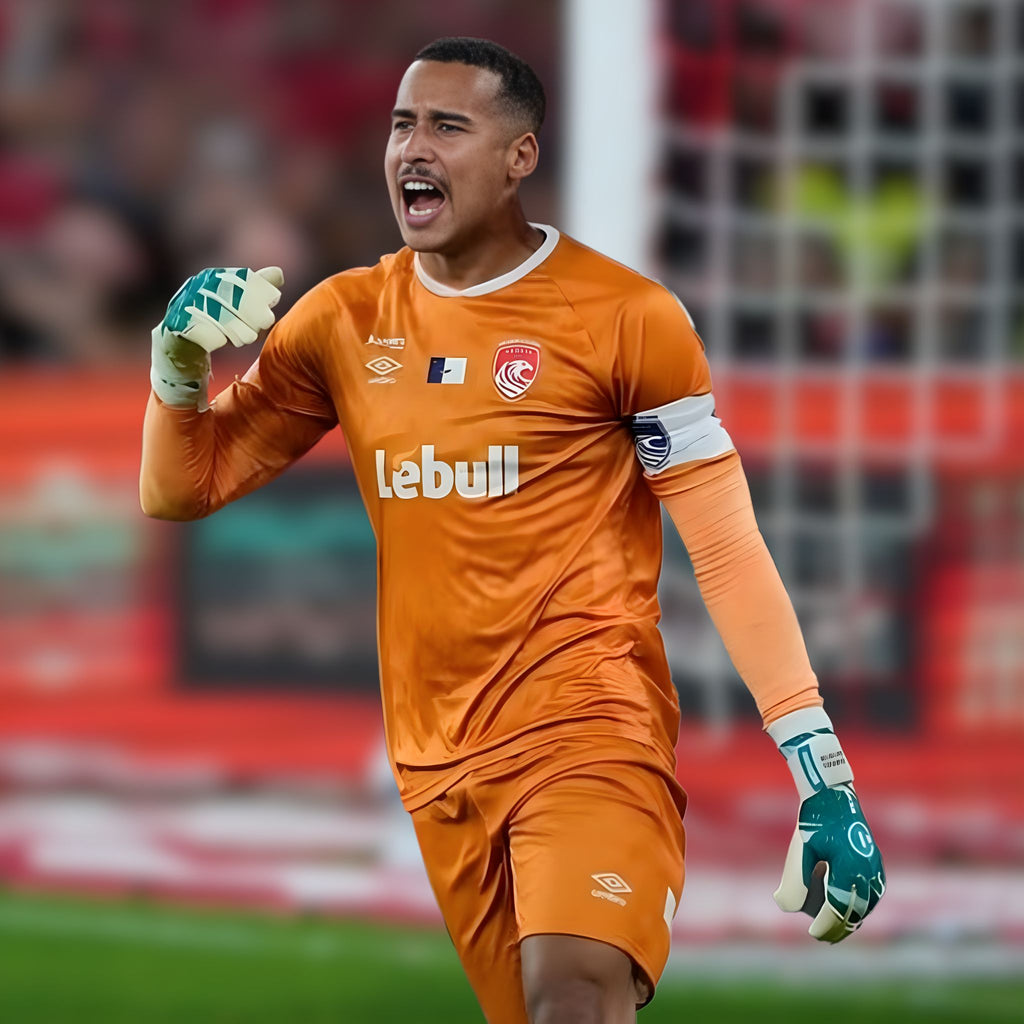 Professional goalkeeper Gabriel Batista wearing N1 Zeus 2.0 Snow gloves with UGT+ II German Latex for elite match performance.