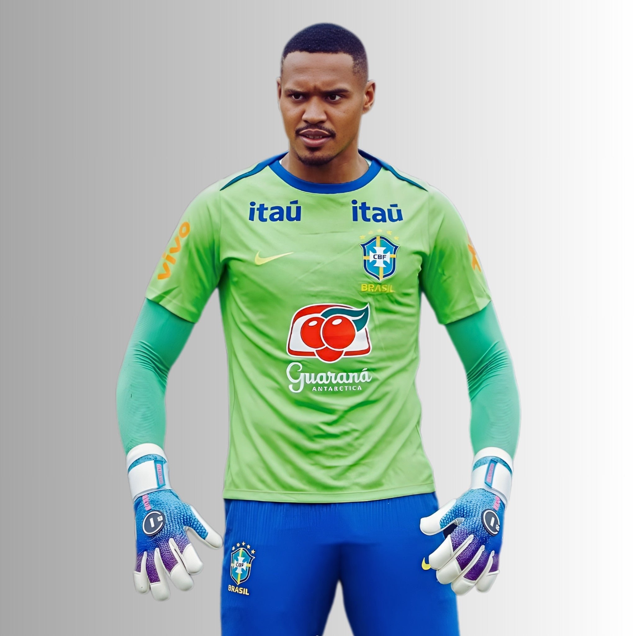 Professional goalkeeper John Victor wearing N1 Zeus 2.0 Snow gloves with UGT+ II German Latex for elite match performance.