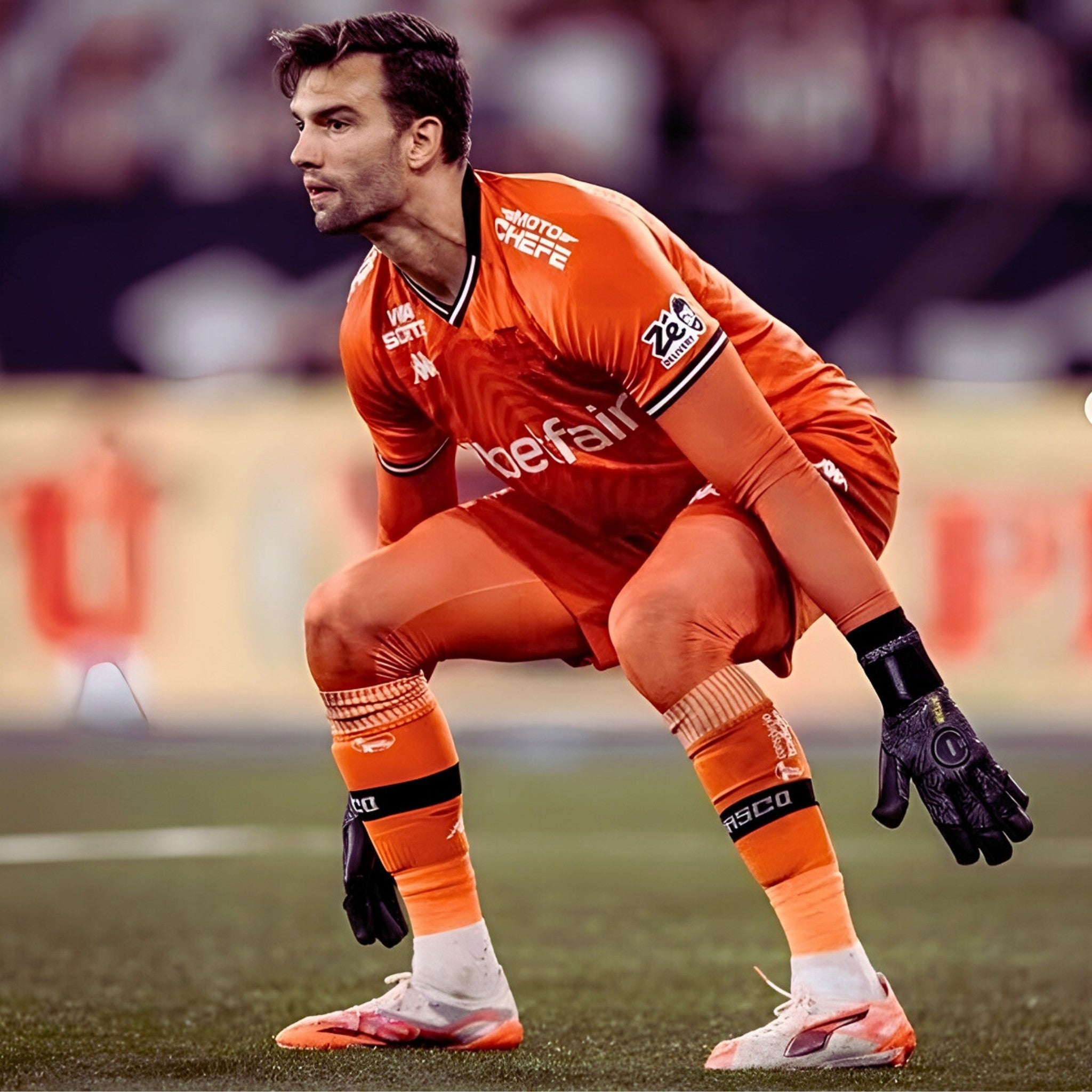 Professional goalkeeper Sebastián Mella wearing N1 Zeus 2.0 Carbon gloves with UGT+ II German Latex for elite match performance.