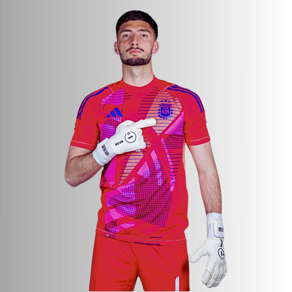 Professional goalkeeper Sebastián Mella wearing N1 Zeus 2.0 Snow gloves with UGT+ II German Latex for elite match performance.