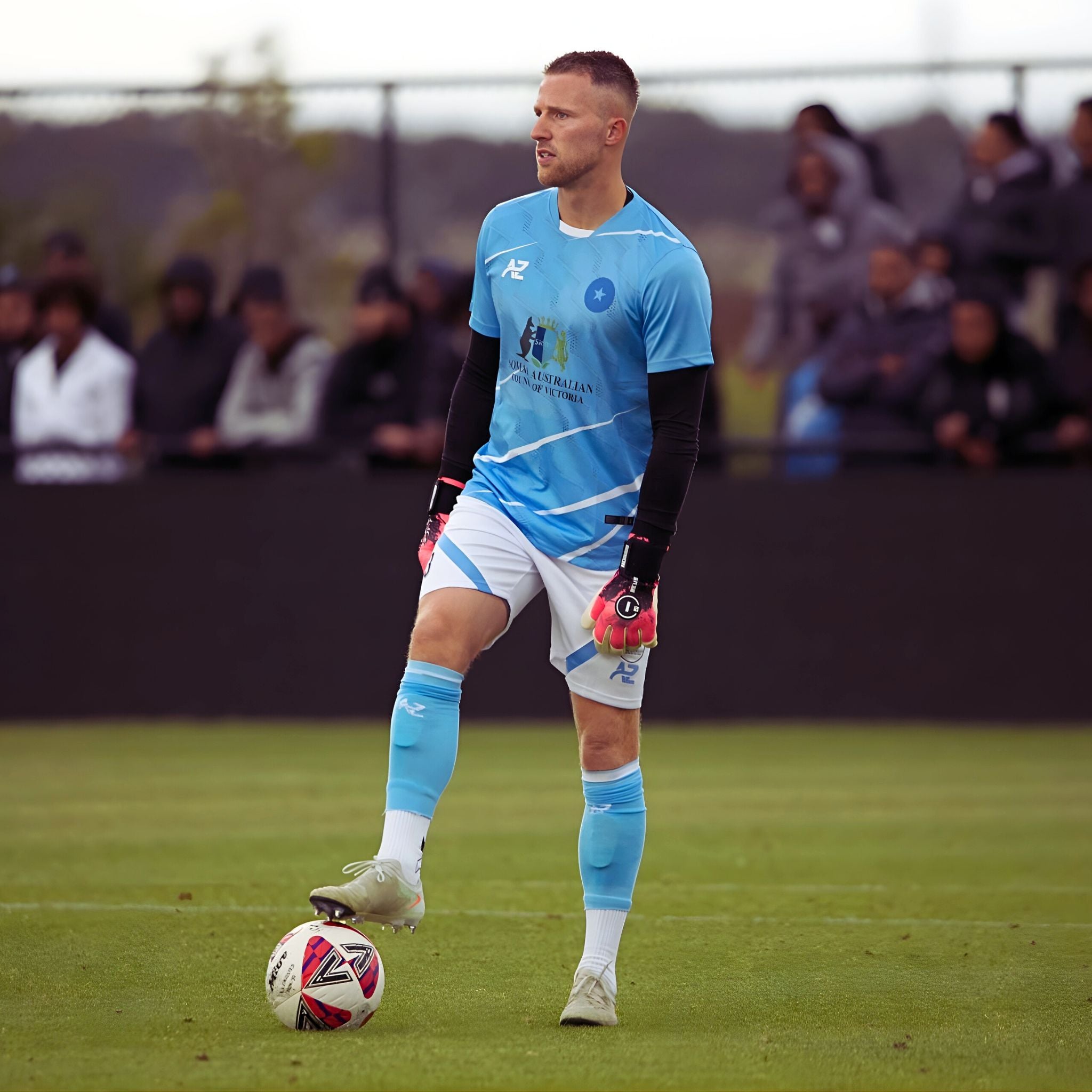 Professional goalkeeper Thom Jonkerman wearing N1 Zeus 2.0 Storm gloves with UGT+ II German Latex for elite match performance.