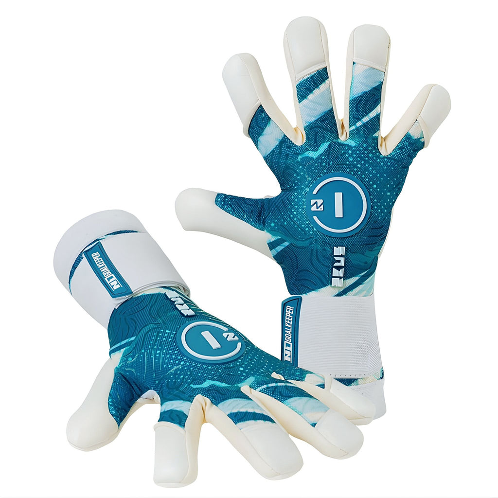 N1 Zeus 2.0 Breeze professional goalkeeper gloves shown in a dual layout with one glove lying horizontally and the second displaying the detailed white backhand.