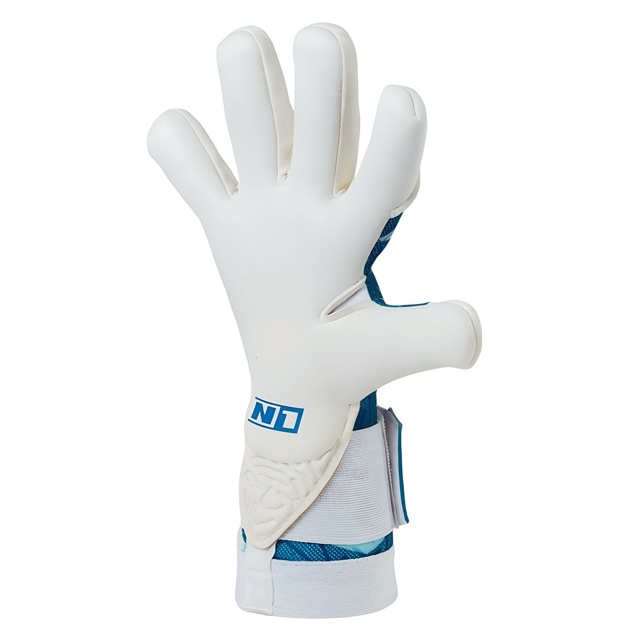 Side view of N1 Zeus 2.0 Breeze goalkeeper glove showcasing the 4mm UGT+ II German Pro Latex palm and ergonomic thumb wrap.