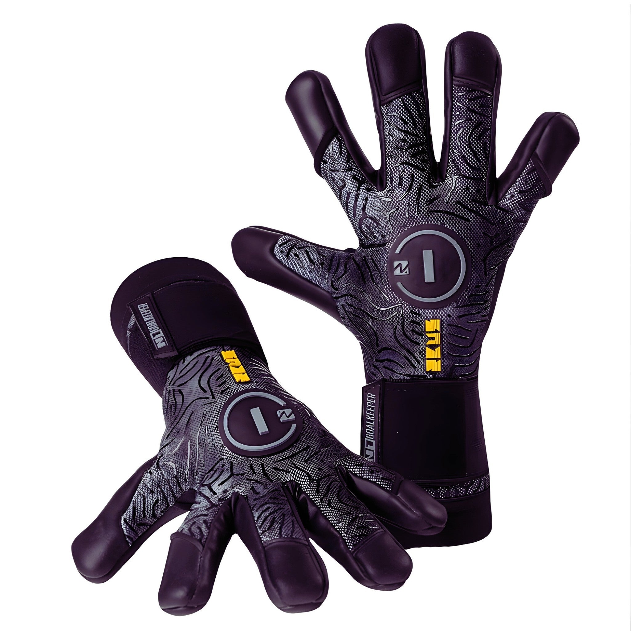 N1 Zeus 2.0 Carbon professional goalkeeper gloves shown in a dual layout with one glove lying horizontally and the second displaying the detailed white backhand.