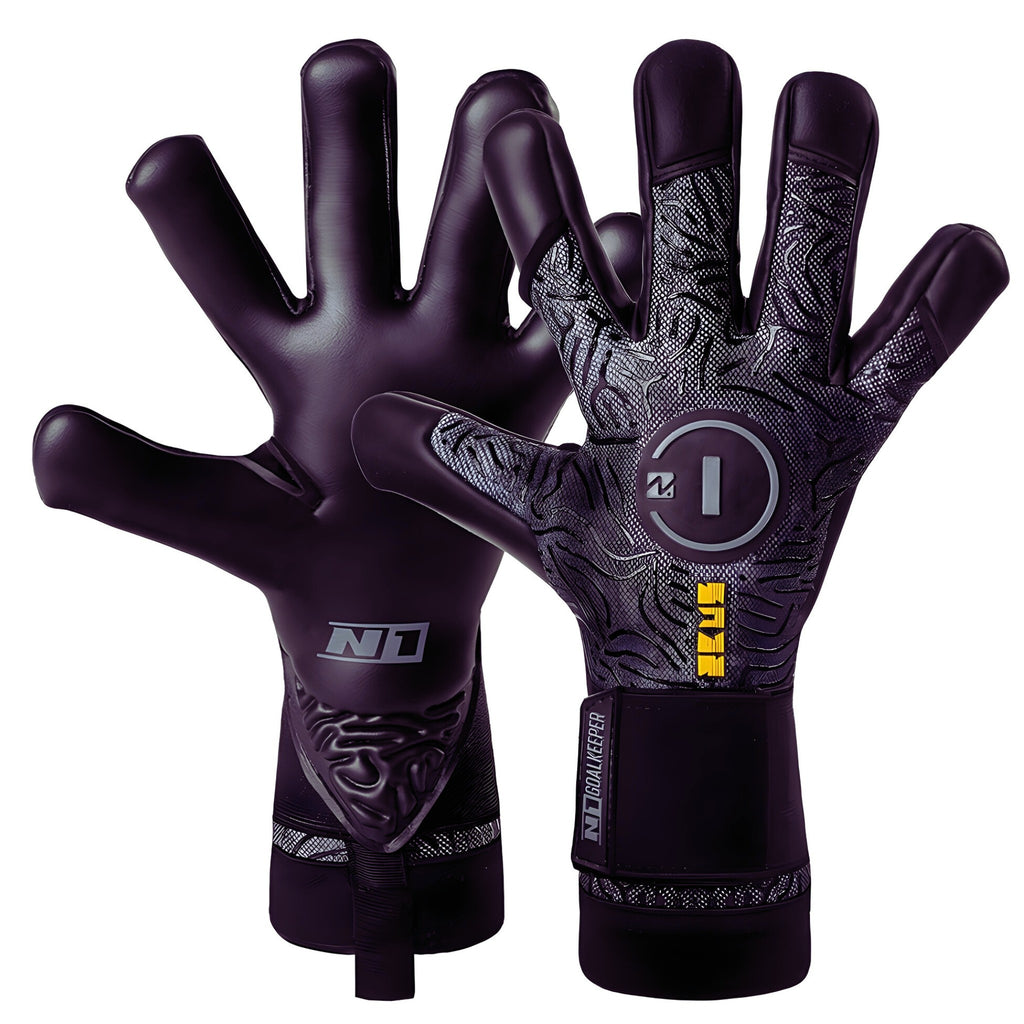 Dual view of N1 Zeus 2.0 Carbon goalkeeper gloves showing the professional AirFlex Pro backhand and the 4mm UGT+ II German Pro Latex palm.