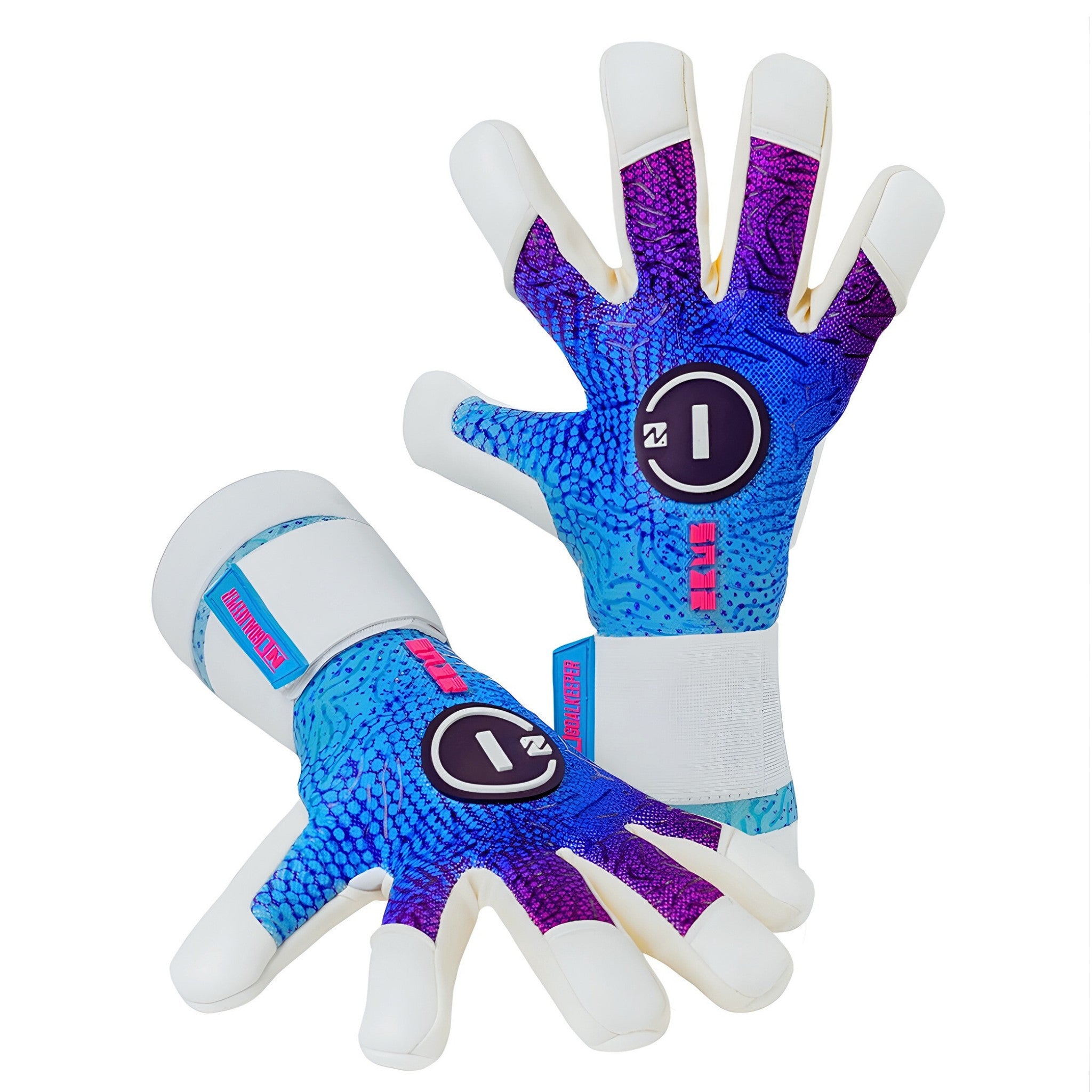 N1 Zeus 2.0 Galaxy professional goalkeeper gloves shown in a dual layout with one glove lying horizontally and the second displaying the detailed white backhand.