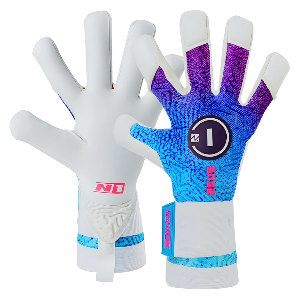 Dual view of N1 Zeus 2.0 Galaxy goalkeeper gloves showing the professional AirFlex Pro backhand and the 4mm UGT+ II German Pro Latex palm.