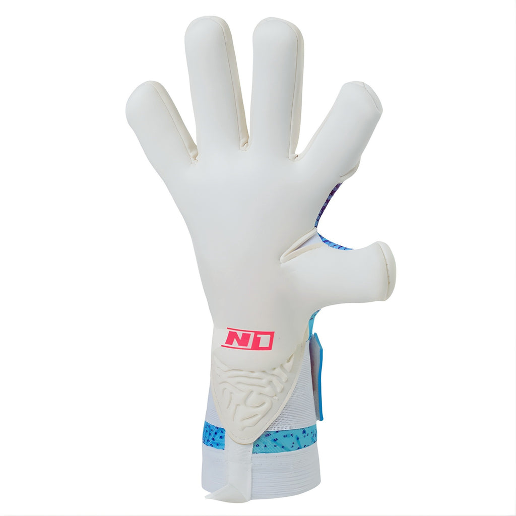 Side view of N1 Zeus 2.0 Galaxy goalkeeper glove showcasing the 4mm UGT+ II German Pro Latex palm and ergonomic thumb wrap.