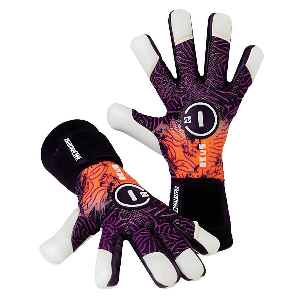 N1 Zeus 2.0 Phoenix professional goalkeeper gloves shown in a dual layout with one glove lying horizontally and the second displaying the detailed white backhand.