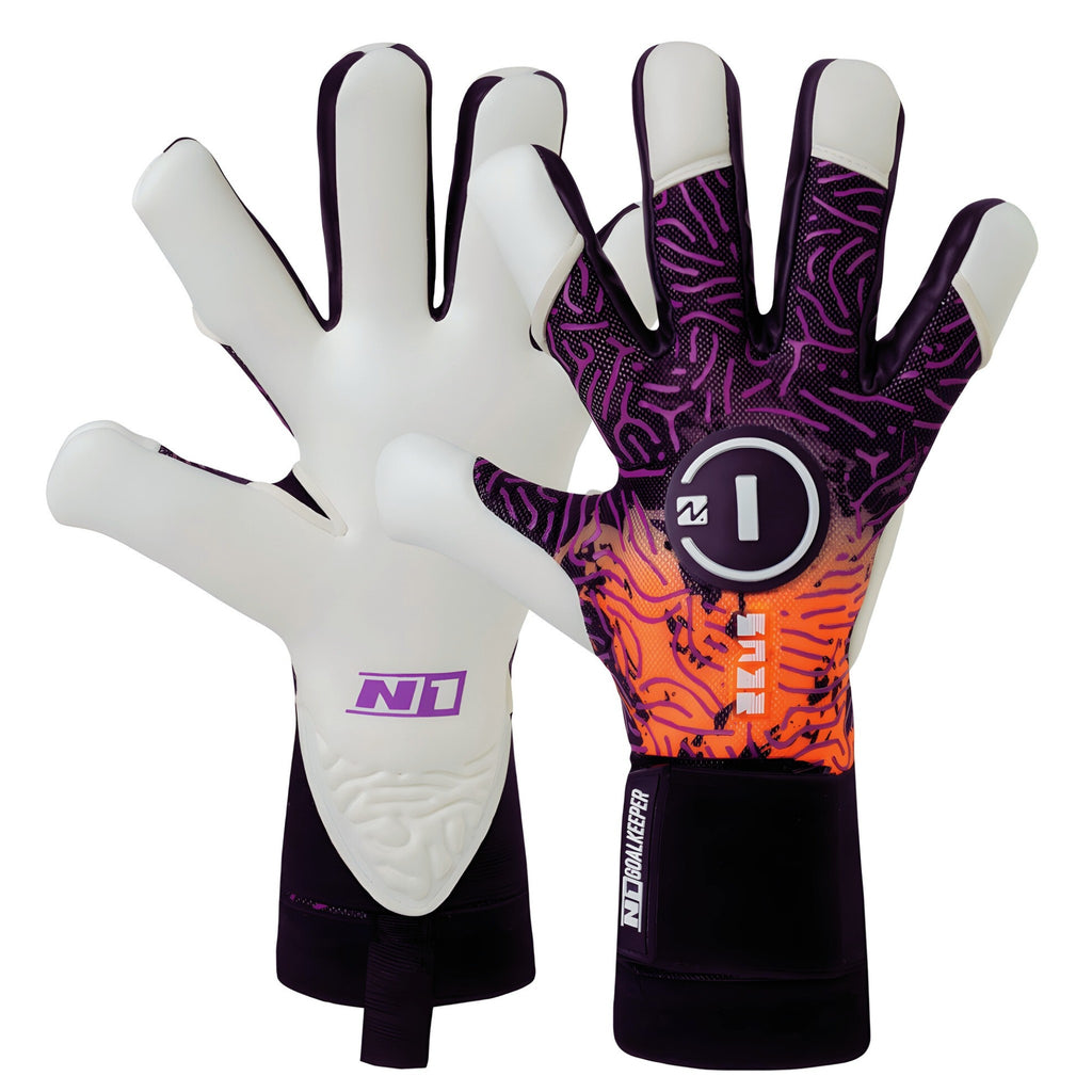 Dual view of N1 Zeus 2.0 Phoenix goalkeeper gloves showing the professional AirFlex Pro backhand and the 4mm UGT+ II German Pro Latex palm.