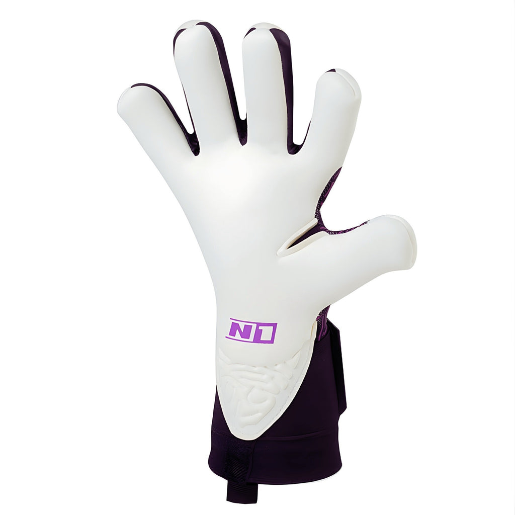 Side view of N1 Zeus 2.0 Phoenix goalkeeper glove showcasing the 4mm UGT+ II German Pro Latex palm and ergonomic thumb wrap.