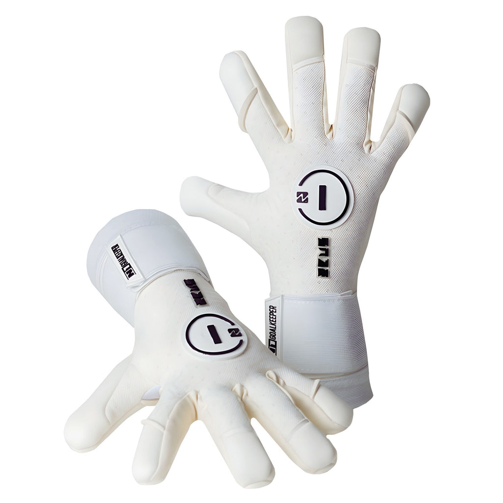 N1 Zeus 2.0 Snow professional goalkeeper gloves shown in a dual layout with one glove lying horizontally and the second displaying the detailed white backhand.