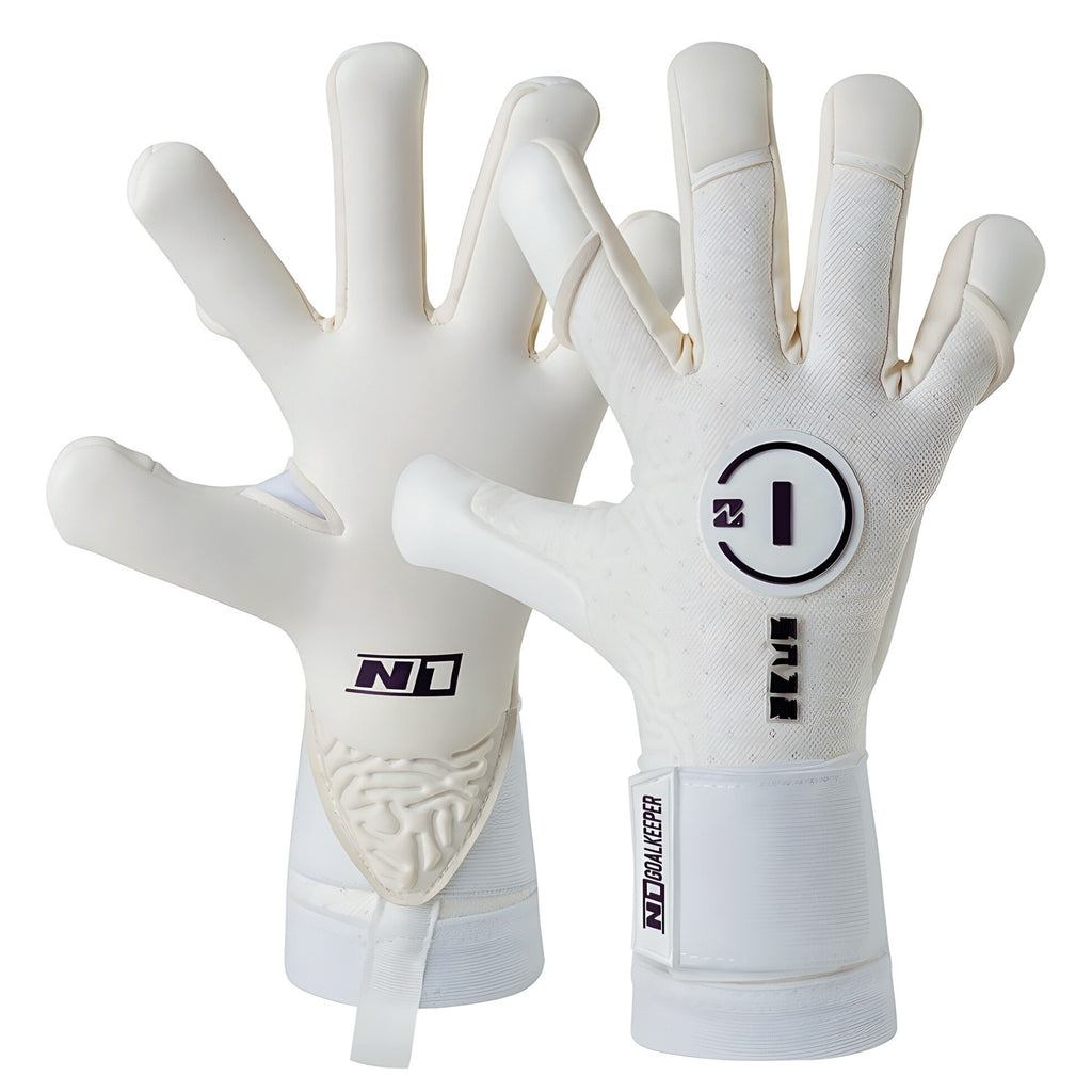 Dual view of N1 Zeus 2.0 Snow goalkeeper gloves showing the professional AirFlex Pro backhand and the 4mm UGT+ II German Pro Latex palm.