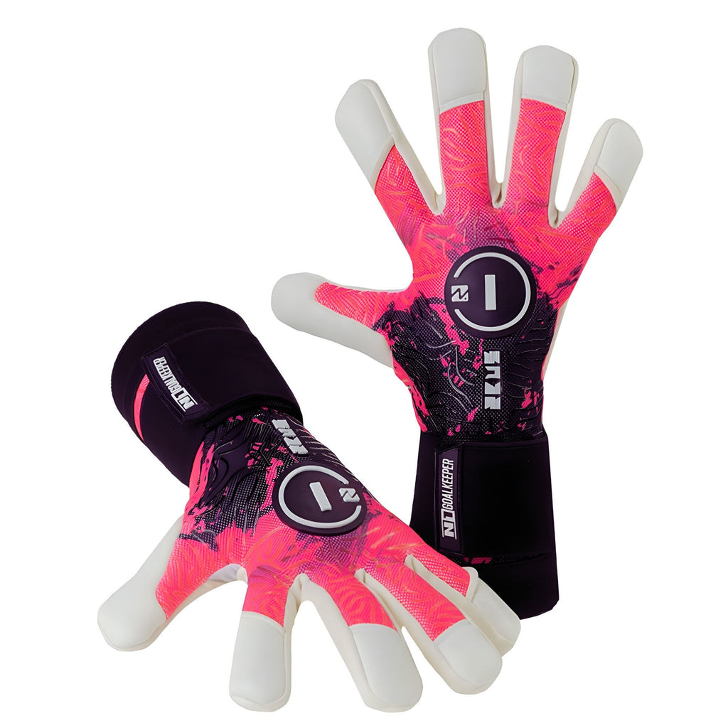 N1 Zeus 2.0 Storm professional goalkeeper gloves shown in a dual layout with one glove lying horizontally and the second displaying the detailed white backhand.