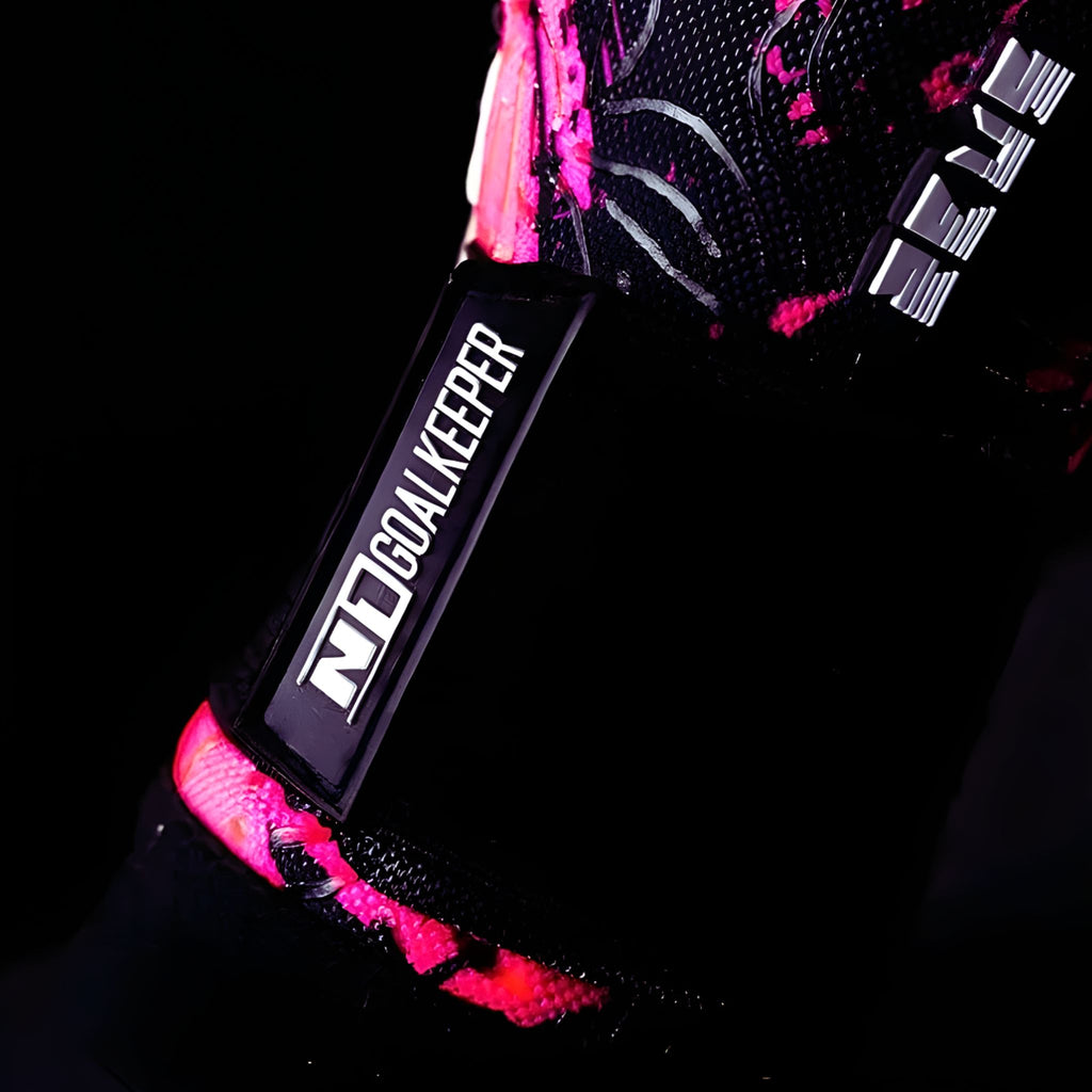 Close-up of N1 Zeus 2.0 Storm goalkeeper glove wrist strap featuring a professional elastic closure system for a secure and adjustable fit.