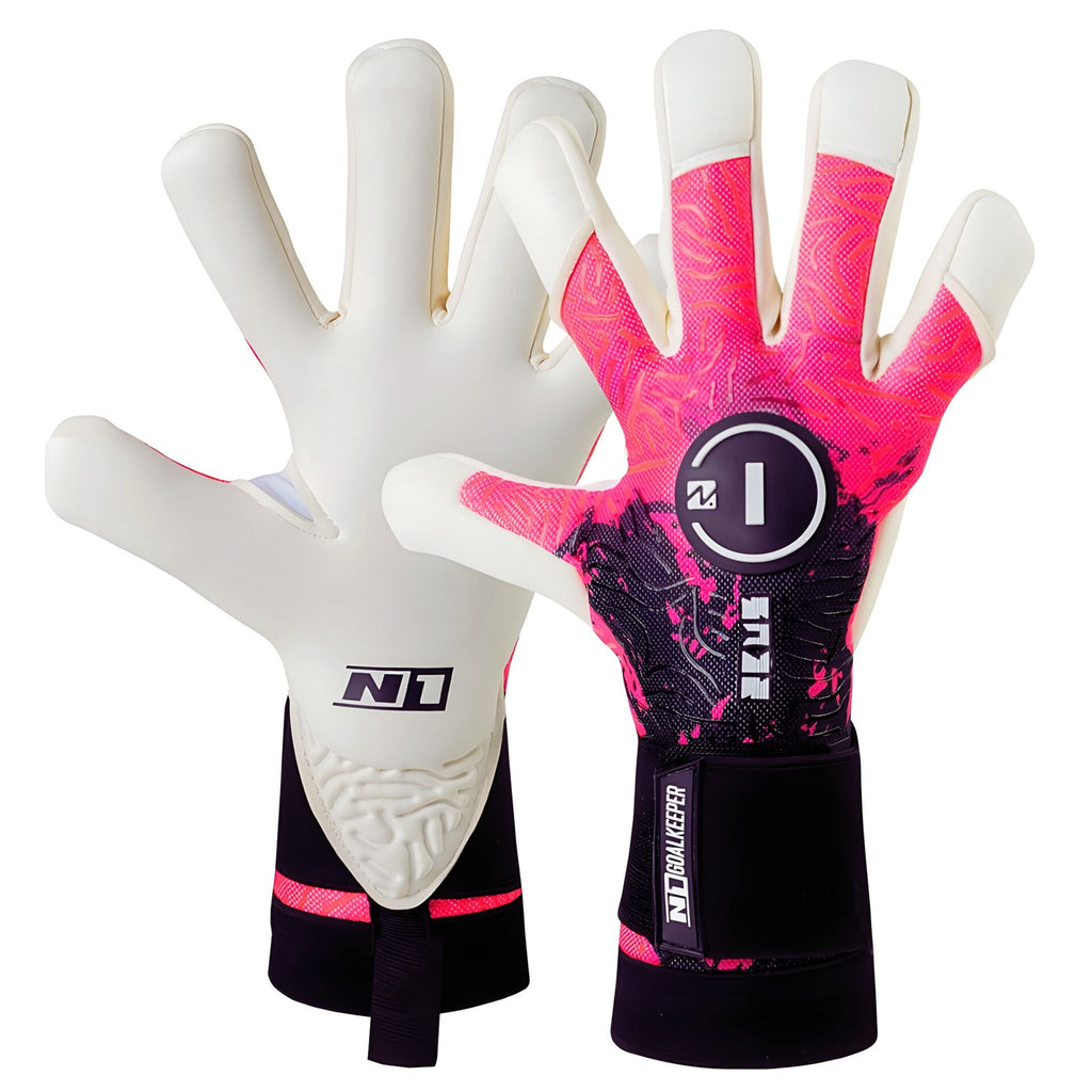 Dual view of N1 Zeus 2.0 Storm goalkeeper gloves showing the professional AirFlex Pro backhand and the 4mm UGT+ II German Pro Latex palm.